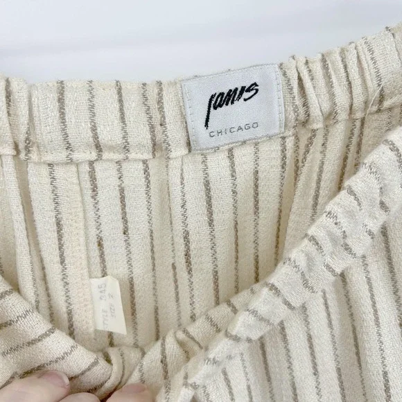 Vintage 80s Cotton Blend Midi Skirt Set M Cream Stripe Draped Collar Top Coastal - Picture 10 of 12